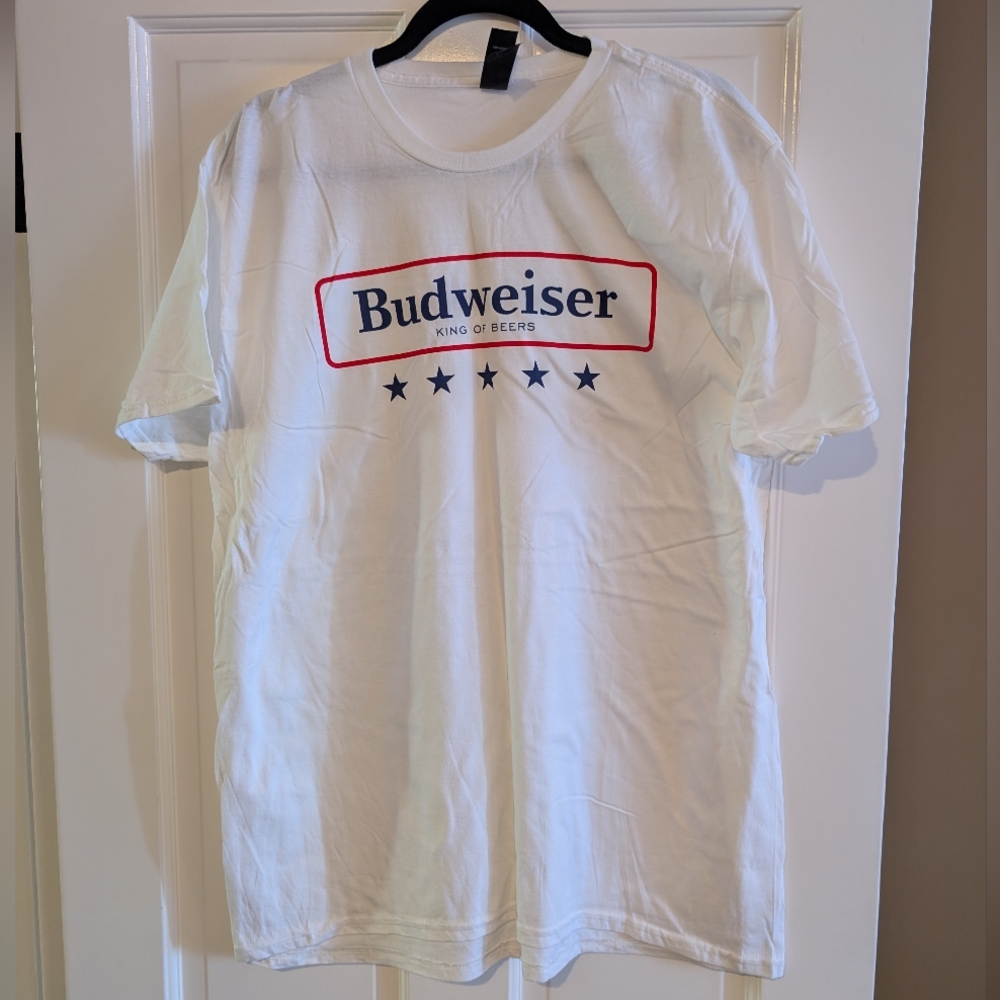 Men's Budweiser Red and Blue Logo White Tee